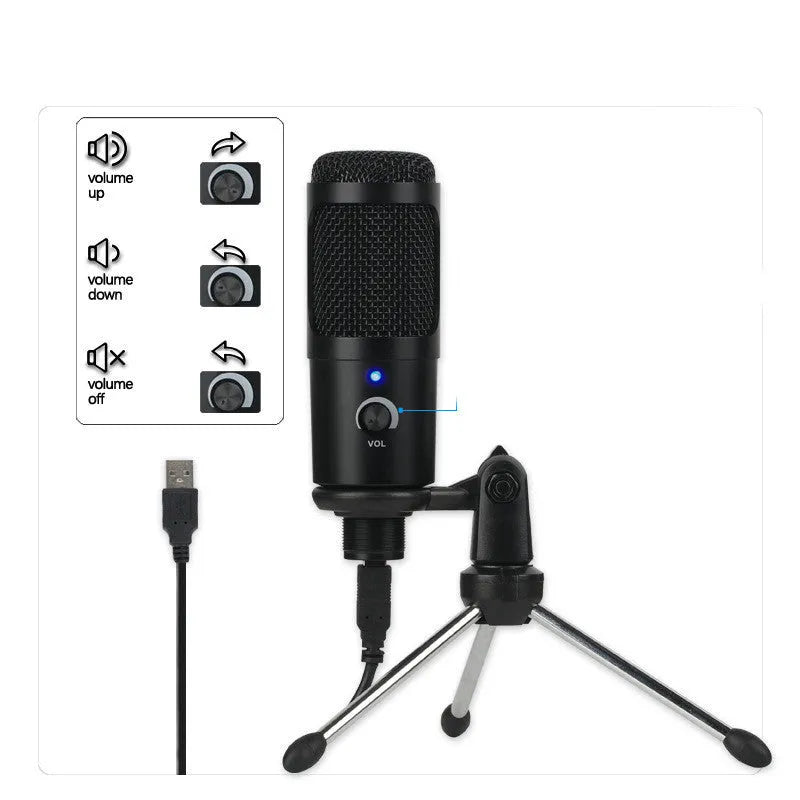Black condenser microphone with super-cardioid pointing for computer gaming and live recording, 135x22mm with bracket