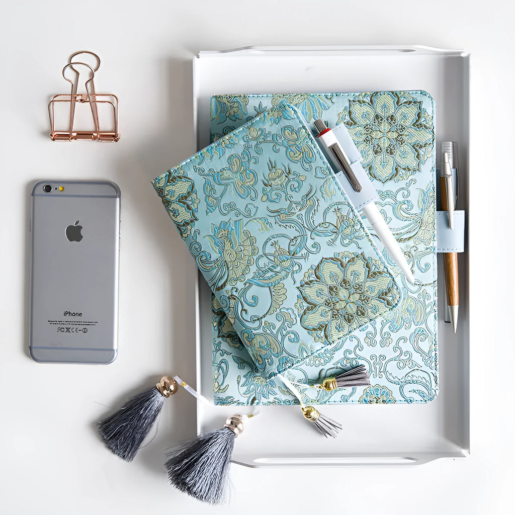 Fabric cover notebook with flying blue flower pattern showing A5 and A6 size options