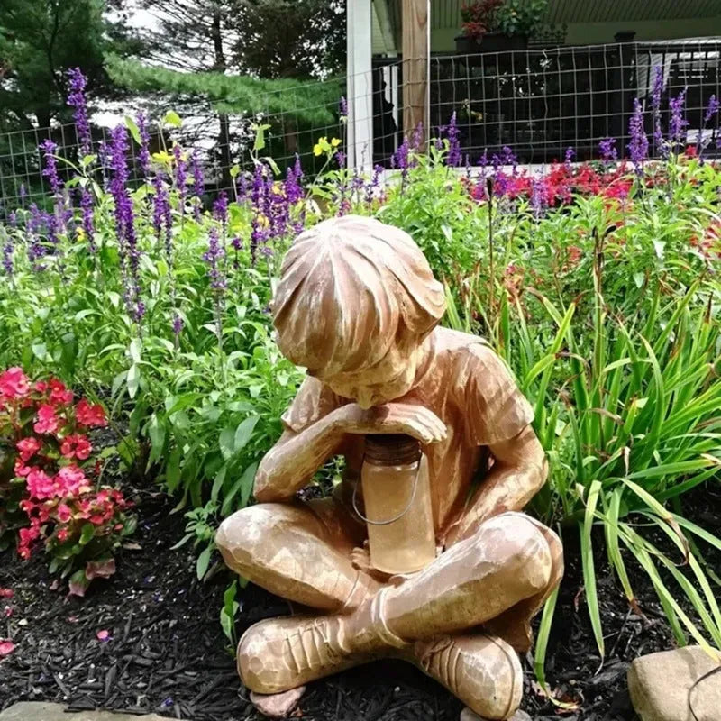 Brown resin garden statue of boy figure for tabletop decoration
