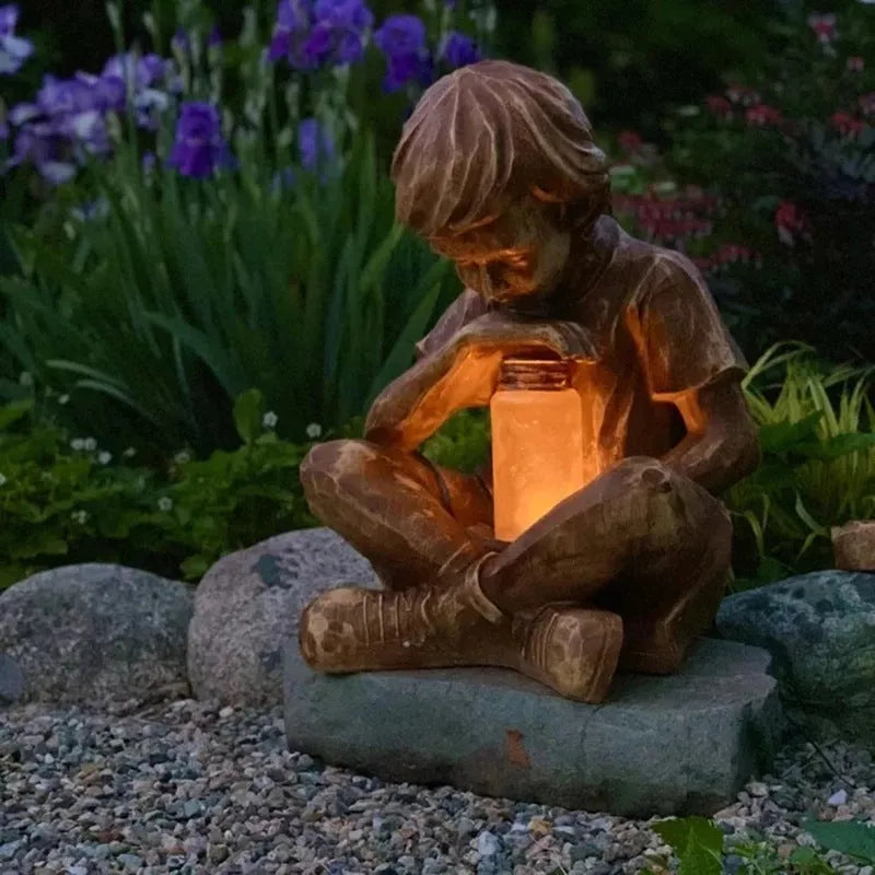 Brown resin garden statue of boy figure for tabletop decoration