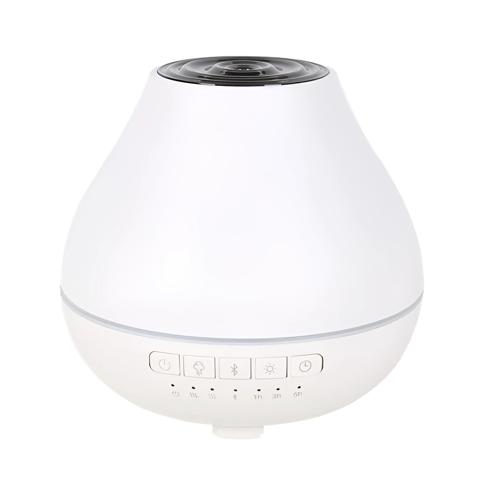 Round white Bluetooth aroma diffuser and humidifier with a colour-changing night light on a table.