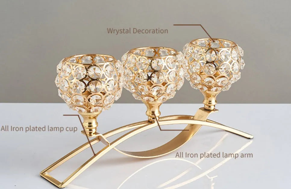Crystal geometric candle holder with electroplated gold finish on wrought iron base