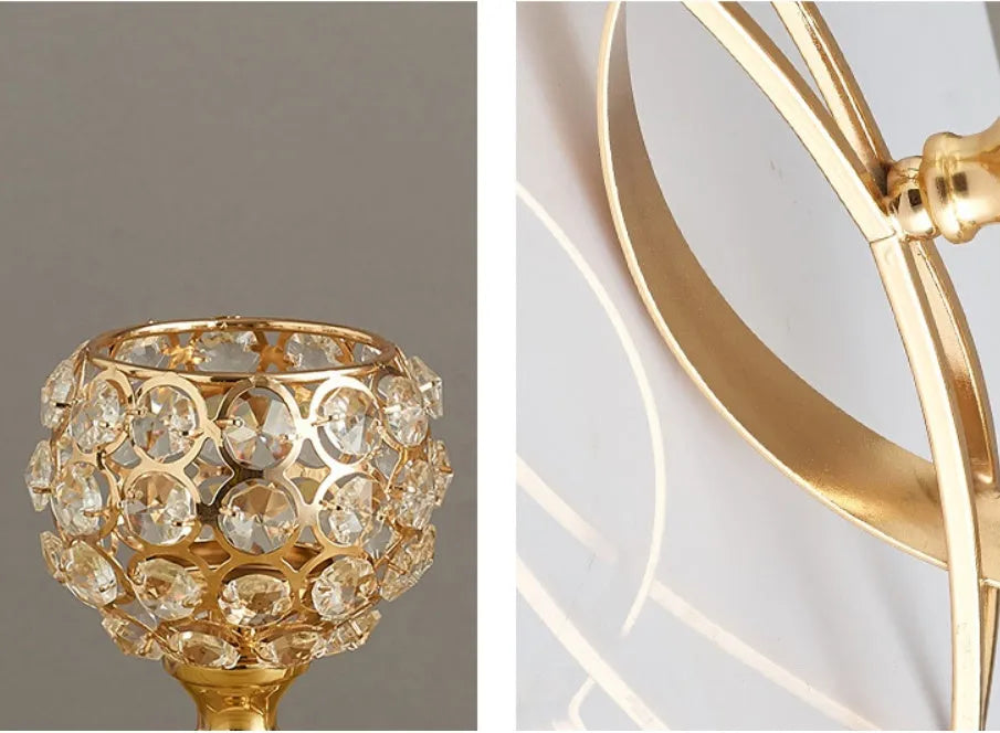 Crystal geometric candle holder with electroplated gold finish on wrought iron base