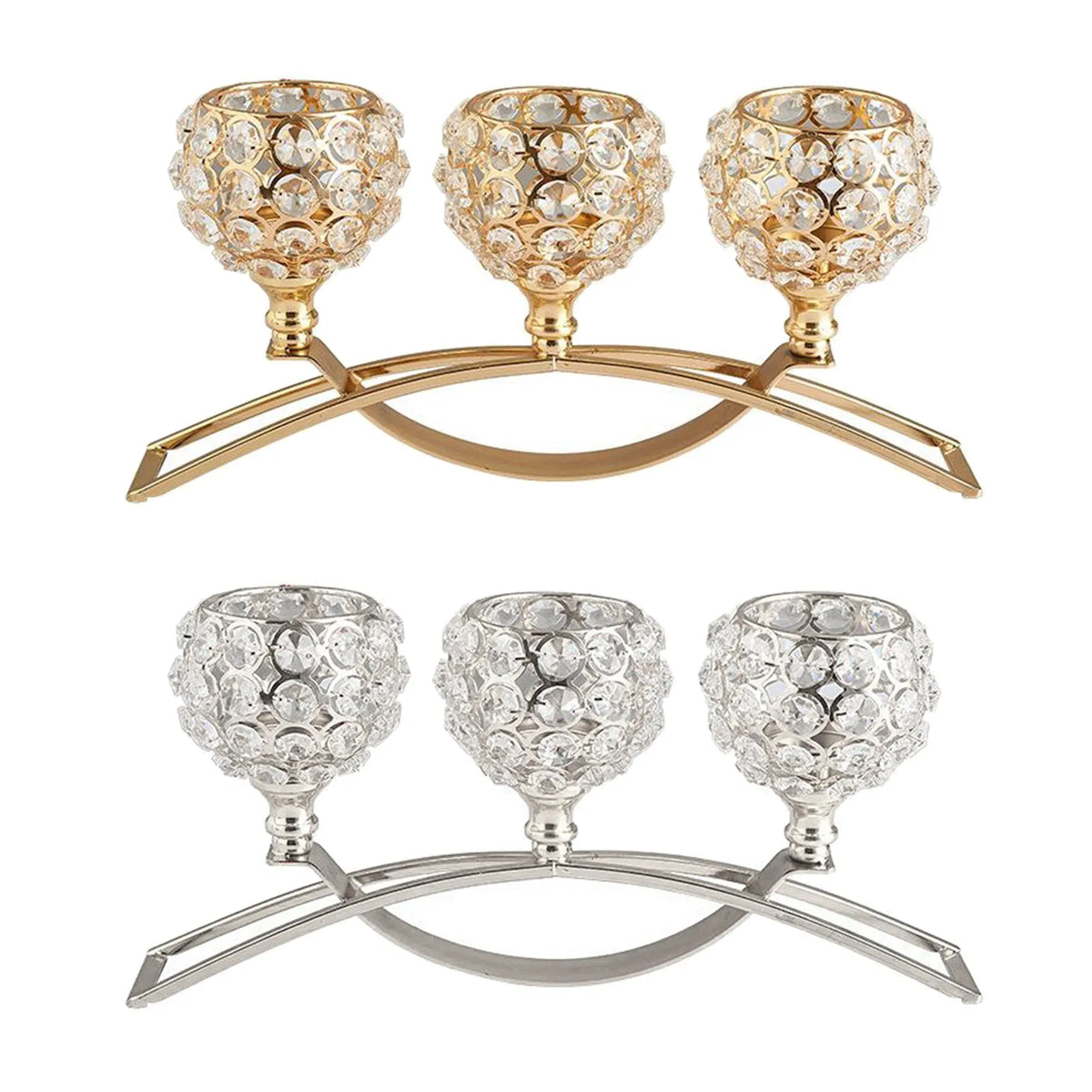 Crystal geometric candle holder with electroplated gold finish on wrought iron base