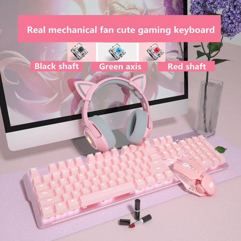 Pink wired mechanical keyboard and matching gaming mouse set on a desk.