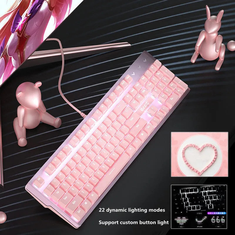 Pink wired mechanical keyboard and matching gaming mouse set on a desk.