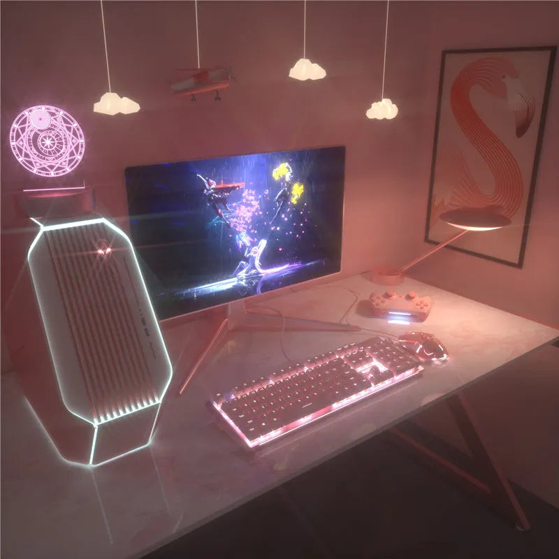 Pink wired mechanical keyboard and matching gaming mouse set on a desk.