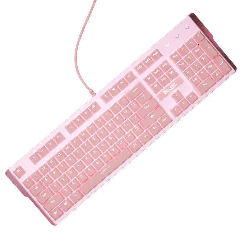 Pink wired mechanical keyboard and matching gaming mouse set on a desk.