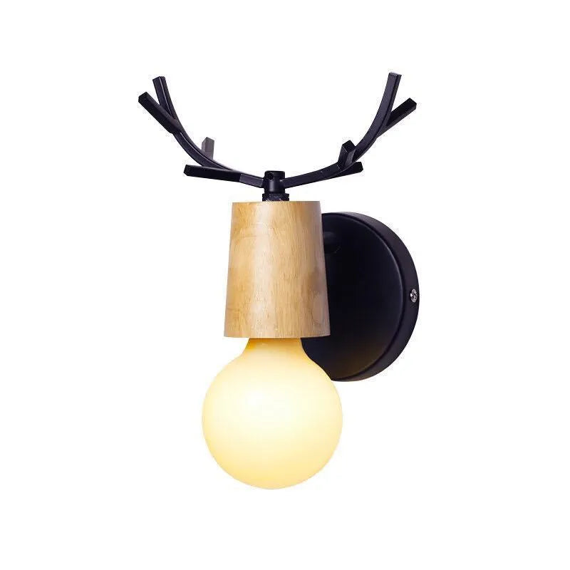 Modern wrought iron wall lamp with wooden antler log shade and E27 holder for corridor lighting.