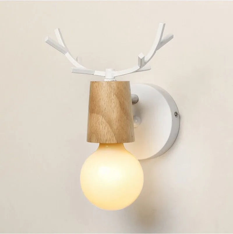 Modern wrought iron wall lamp with wooden antler log shade and E27 holder for corridor lighting.