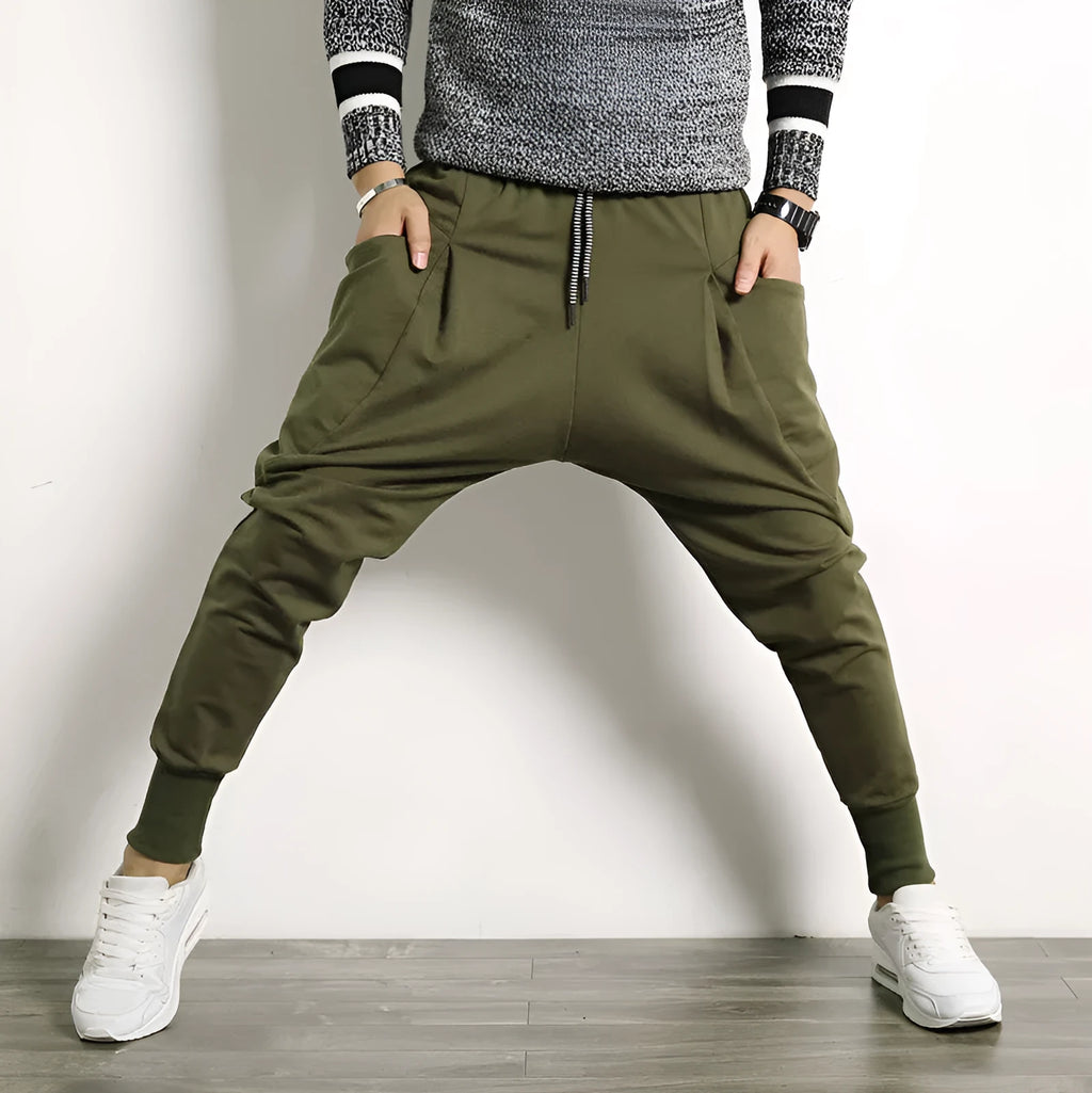 Japanese solid colour plus size harem suspender pants for men in army green, cotton blend fabric, side view