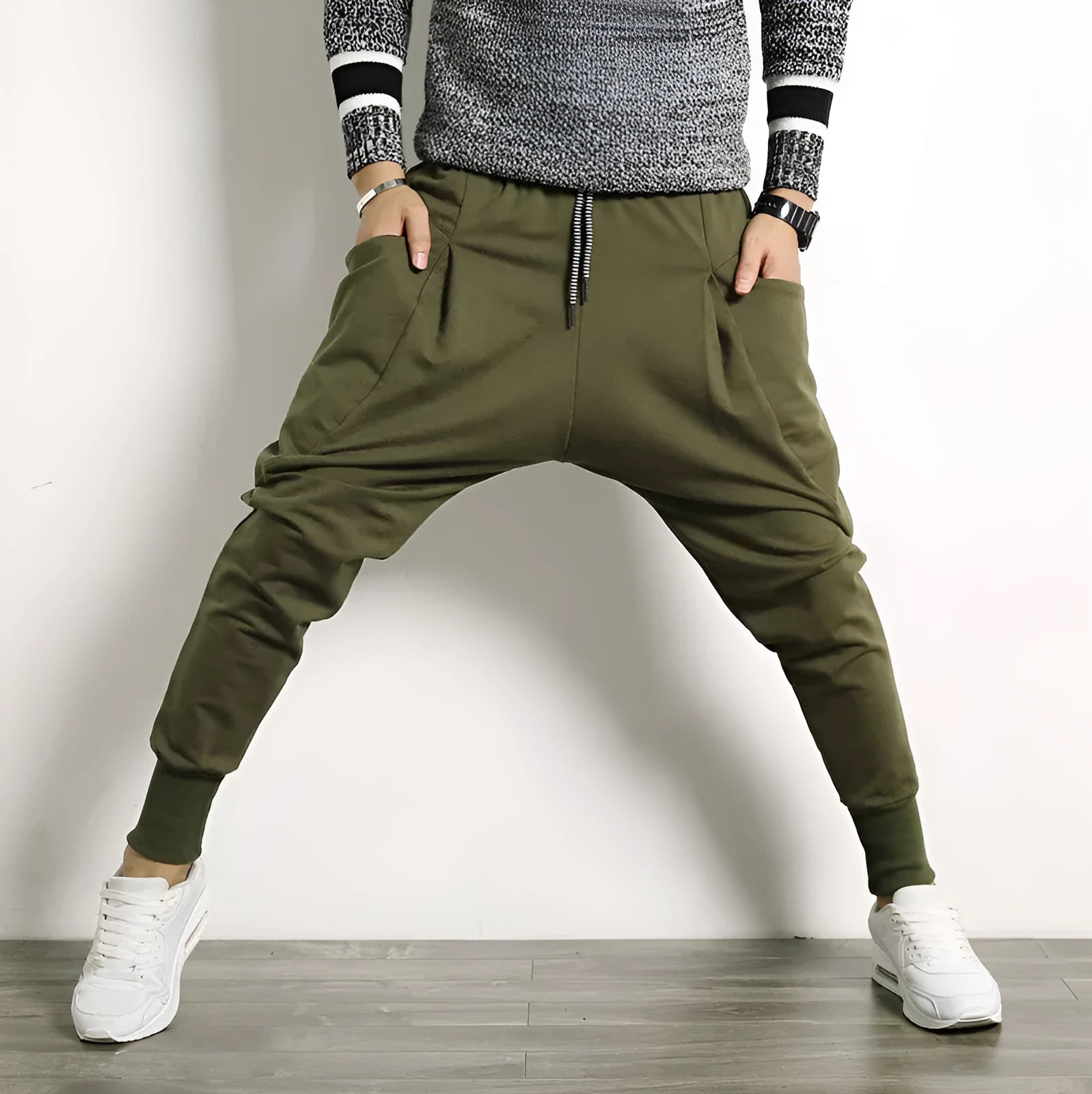 Japanese solid colour plus size harem suspender pants for men in army green, cotton blend fabric, side view