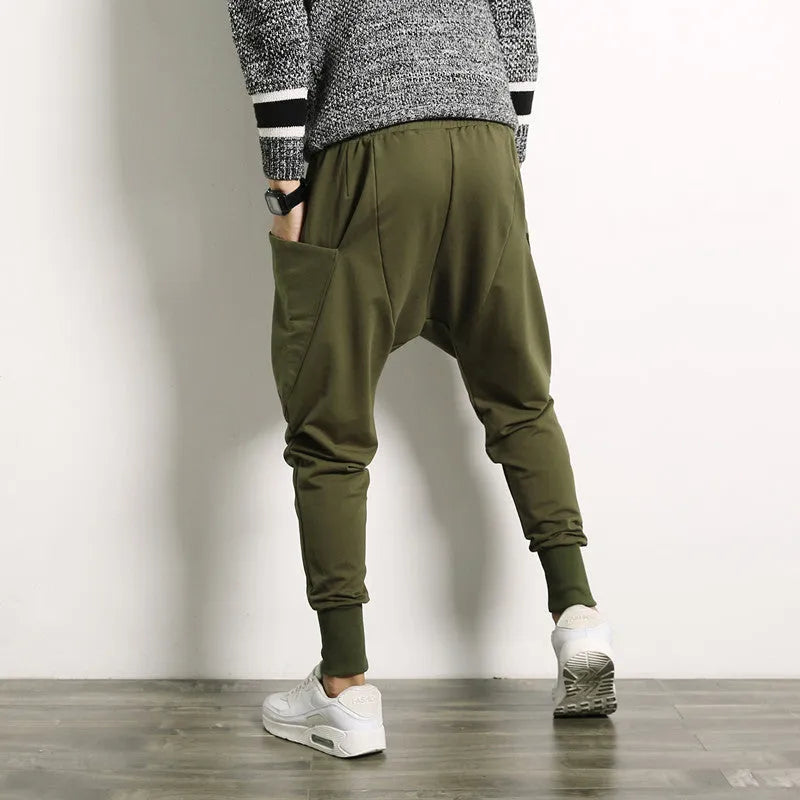 Japanese solid colour plus size harem suspender pants for men in army green, cotton blend fabric, side view