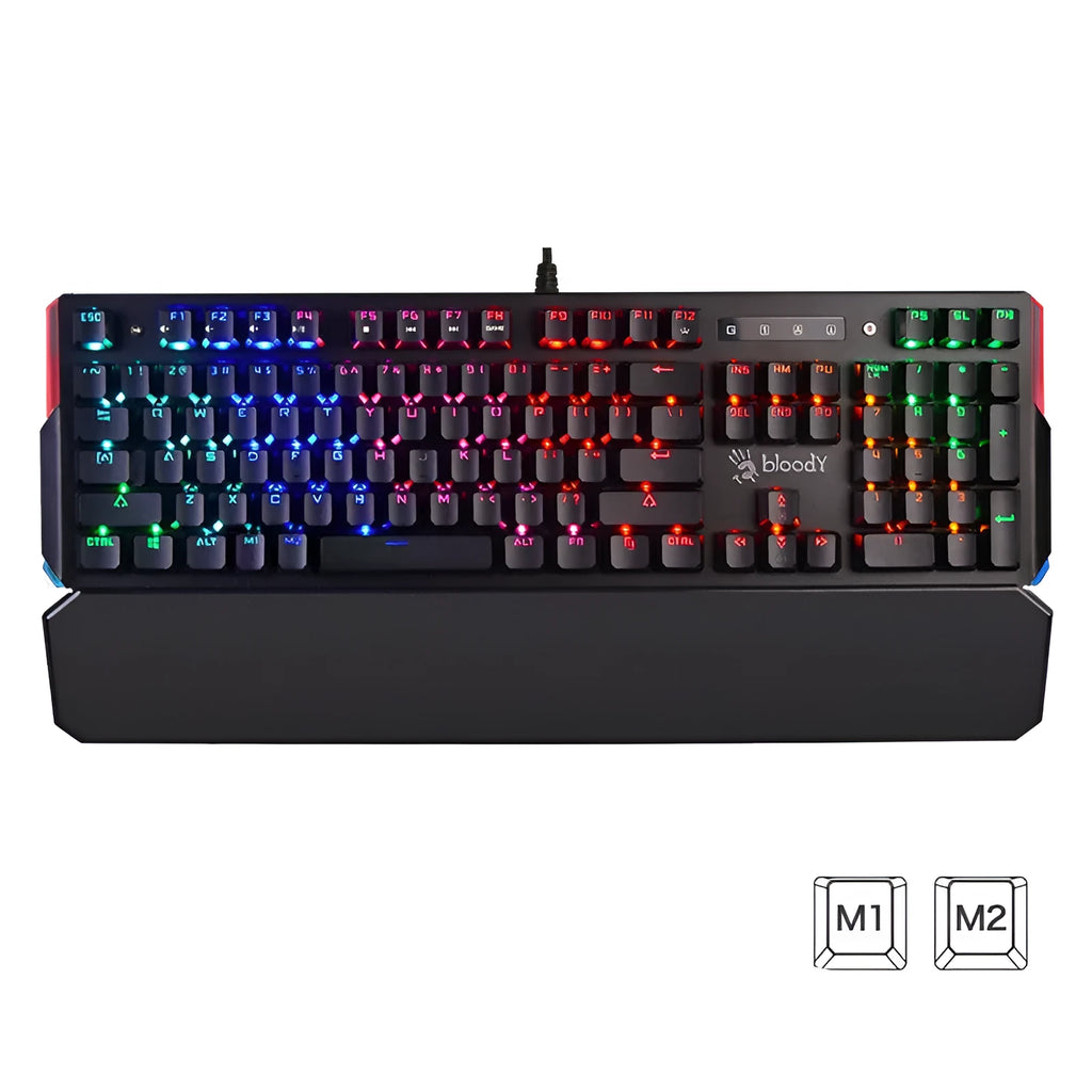 B885N full optical axis mechanical keyboard with green switches, 104 keys, seven-color backlight, and detachable wrist rest on a desk