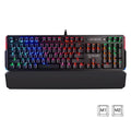 B885N full optical axis mechanical keyboard with green switches, 104 keys, seven-color backlight, and detachable wrist rest on a desk