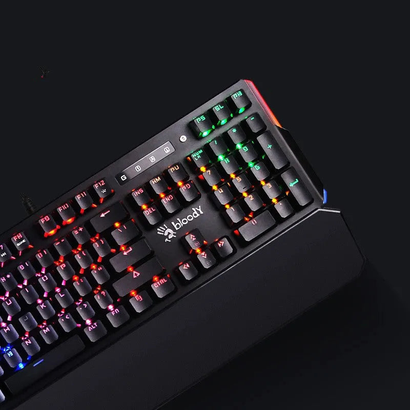 B885N full optical axis mechanical keyboard with green switches, 104 keys, seven-color backlight, and detachable wrist rest on a desk