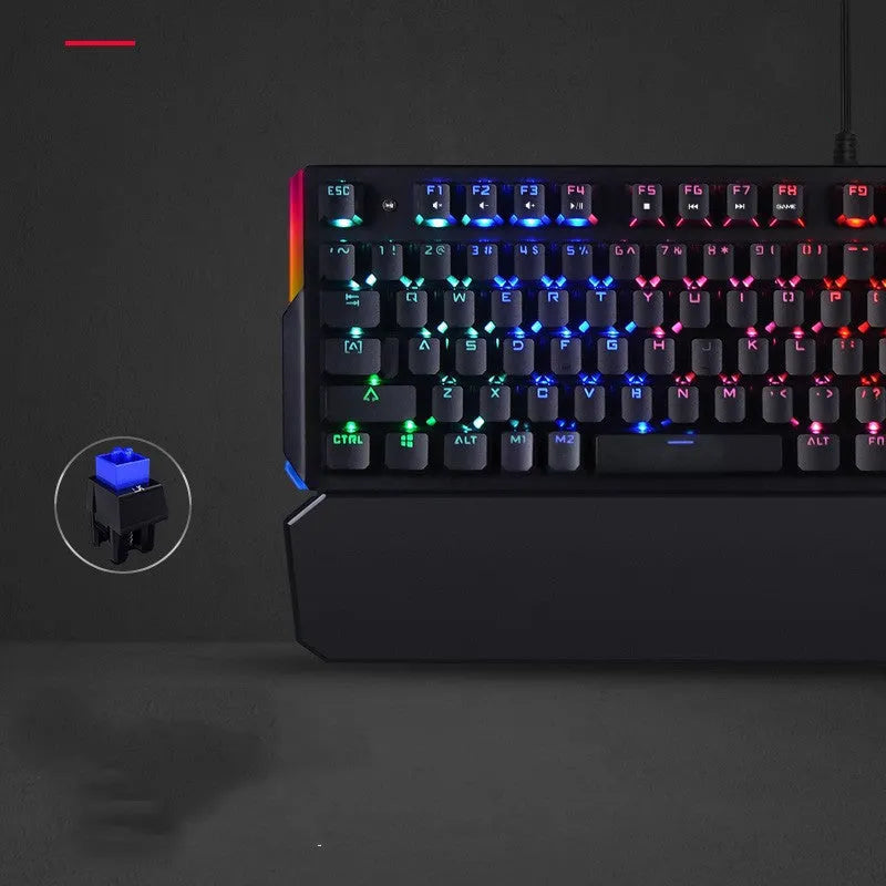 B885N full optical axis mechanical keyboard with green switches, 104 keys, seven-color backlight, and detachable wrist rest on a desk
