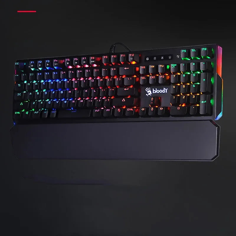 B885N full optical axis mechanical keyboard with green switches, 104 keys, seven-color backlight, and detachable wrist rest on a desk