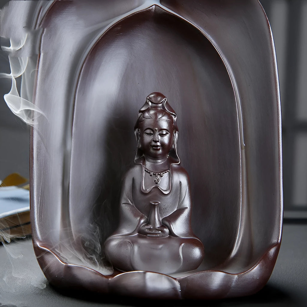 Ceramic Guanyin sitting lotus back flow incense burner for Buddhist altars