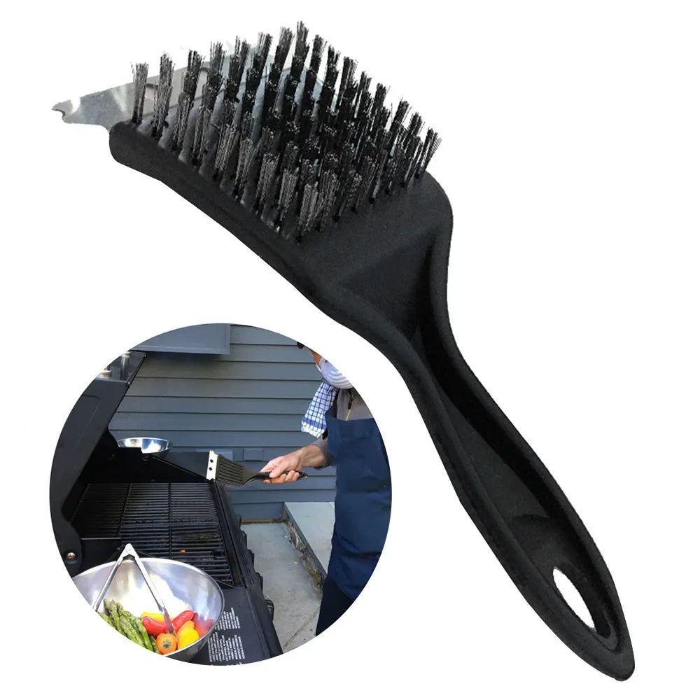Barbecue cleaning brush with steel wire bristles and shovel end for BBG grill