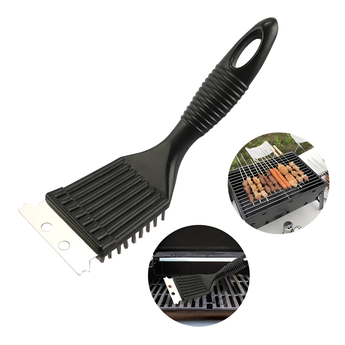 Barbecue cleaning brush with steel wire bristles and shovel end for BBG grill
