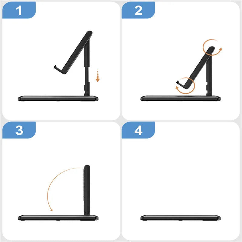Retractable mobile phone desktop stand in collapsed and extended positions showing adjustable angle