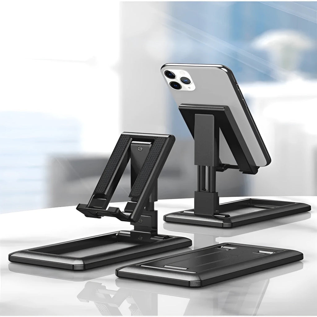 Retractable mobile phone desktop stand in collapsed and extended positions showing adjustable angle