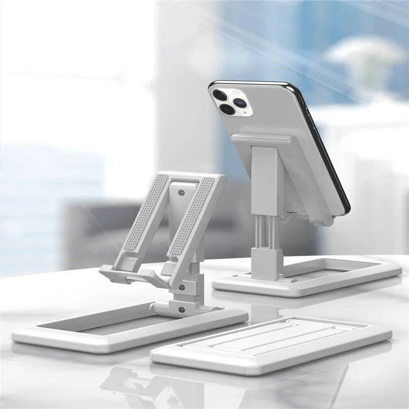 Retractable mobile phone desktop stand in collapsed and extended positions showing adjustable angle