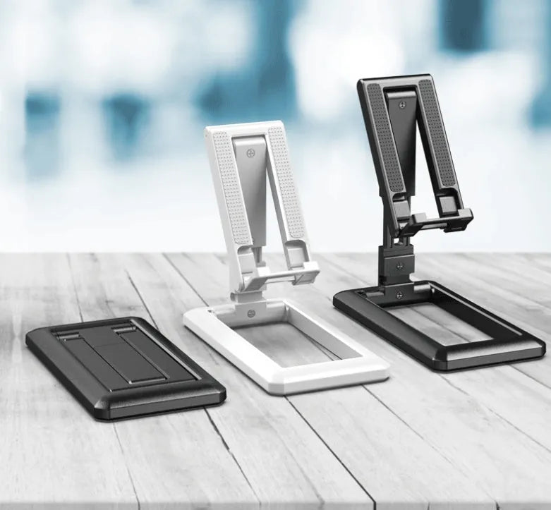 Retractable mobile phone desktop stand in collapsed and extended positions showing adjustable angle