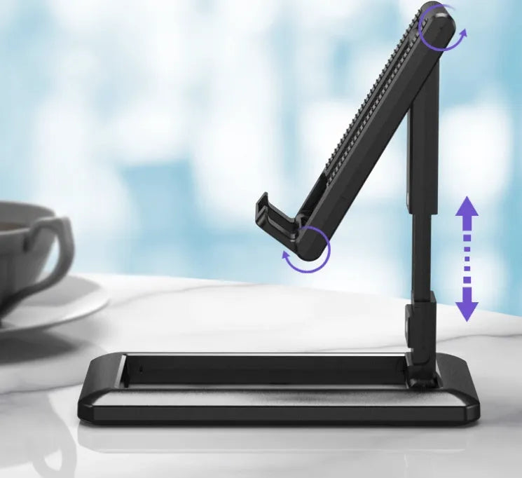 Retractable mobile phone desktop stand in collapsed and extended positions showing adjustable angle
