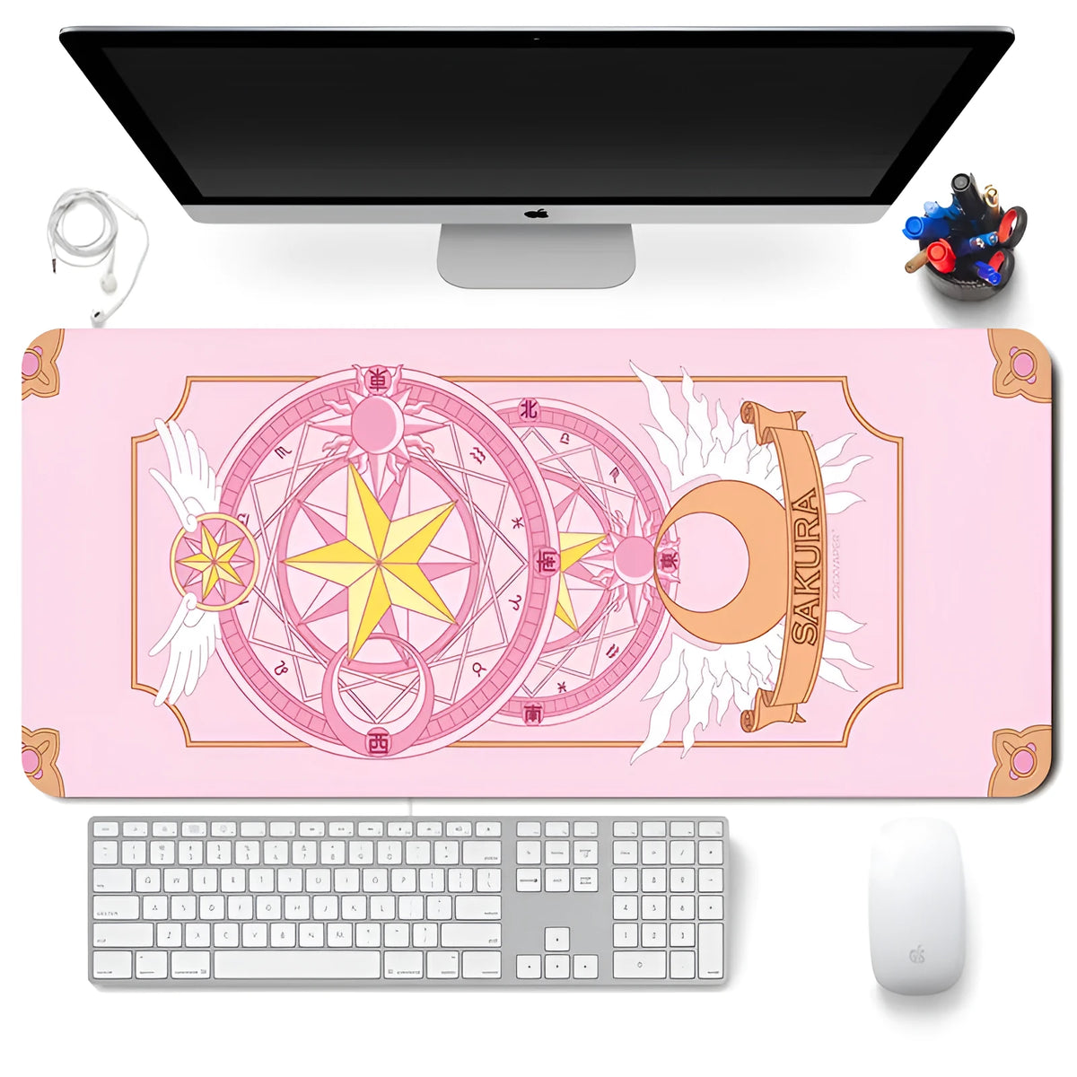 Sailor Moon non-slip desk mat with natural rubber base and fine cloth surface on a wooden desk