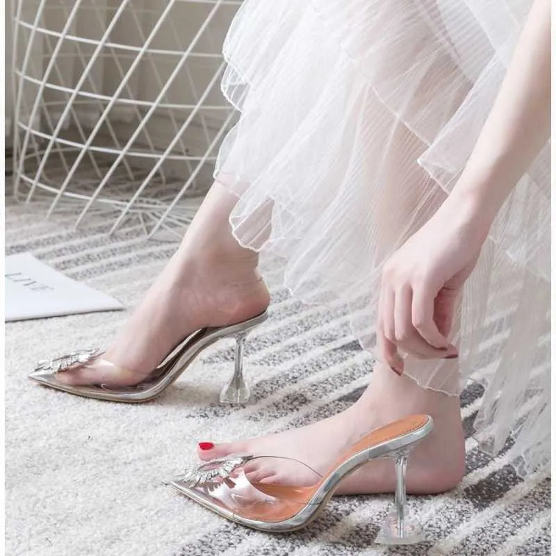 Silver rhinestone pointed toe slingback pumps with clear heel, 7cm or 9cm height, rubber sole