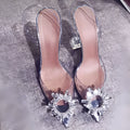 Silver rhinestone pointed toe slingback pumps with clear heel, 7cm or 9cm height, rubber sole