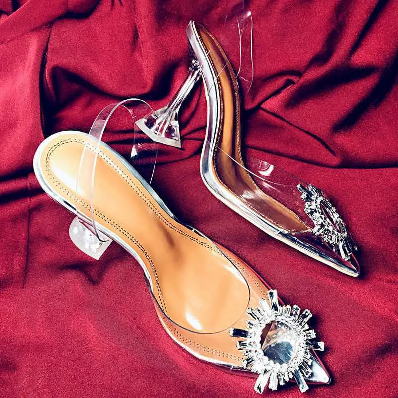 Silver rhinestone pointed toe slingback pumps with clear heel, 7cm or 9cm height, rubber sole