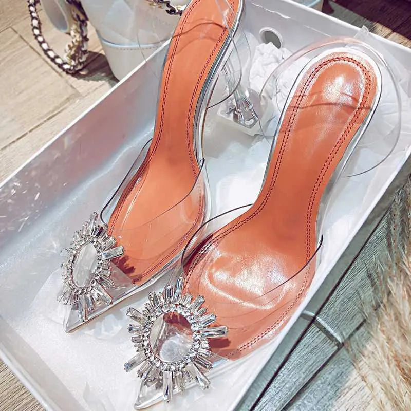 Silver rhinestone pointed toe slingback pumps with clear heel, 7cm or 9cm height, rubber sole