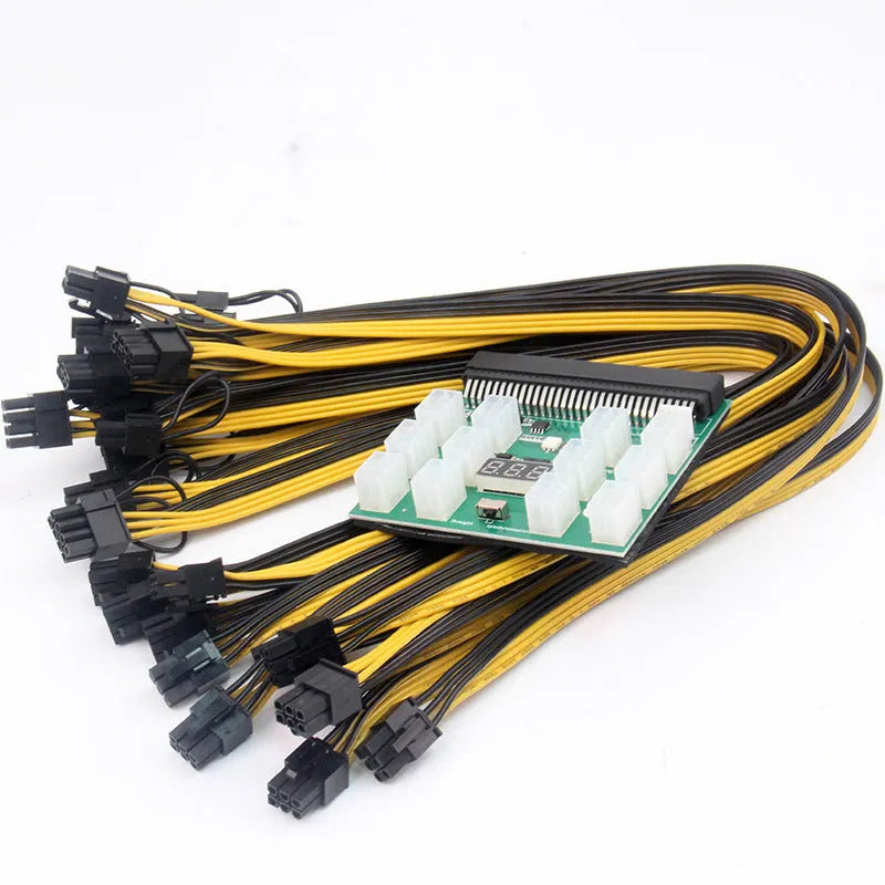 Server power conversion board with twelve attached 50 cm 8-pin to 6-pin PCIe graphics card power cables.