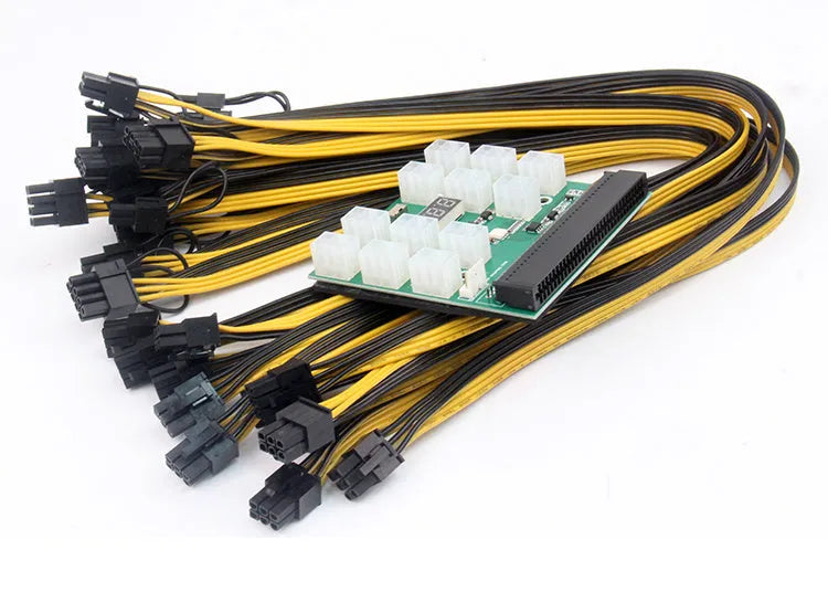 Server power conversion board with twelve attached 50 cm 8-pin to 6-pin PCIe graphics card power cables.