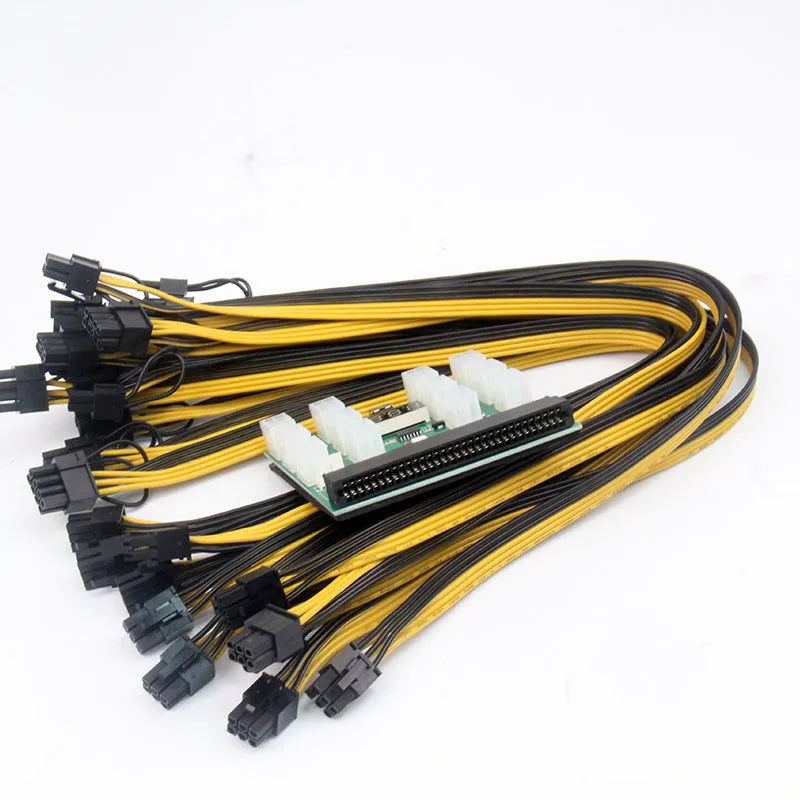 Server power conversion board with twelve attached 50 cm 8-pin to 6-pin PCIe graphics card power cables.