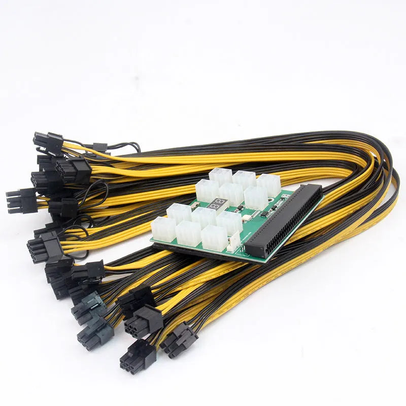 Server power conversion board with twelve attached 50 cm 8-pin to 6-pin PCIe graphics card power cables.