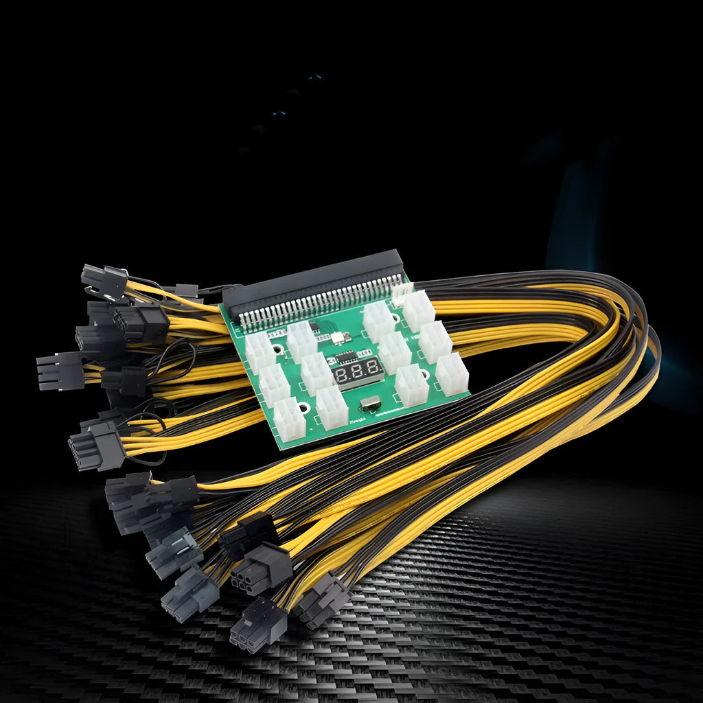 Server power conversion board with twelve attached 50 cm 8-pin to 6-pin PCIe graphics card power cables.