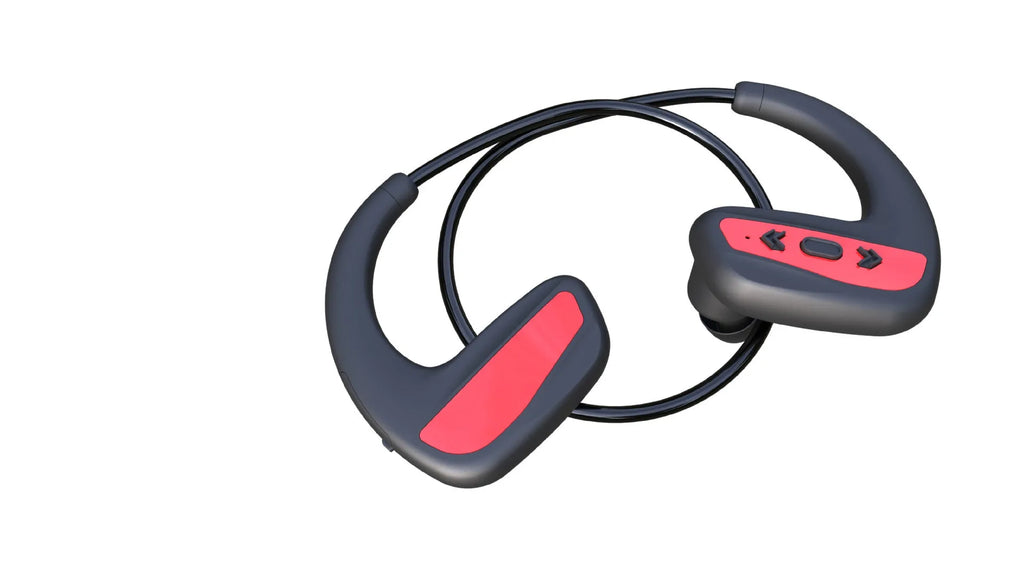 Black and red waterproof Bluetooth swimming headset with head-mounted design for sports use