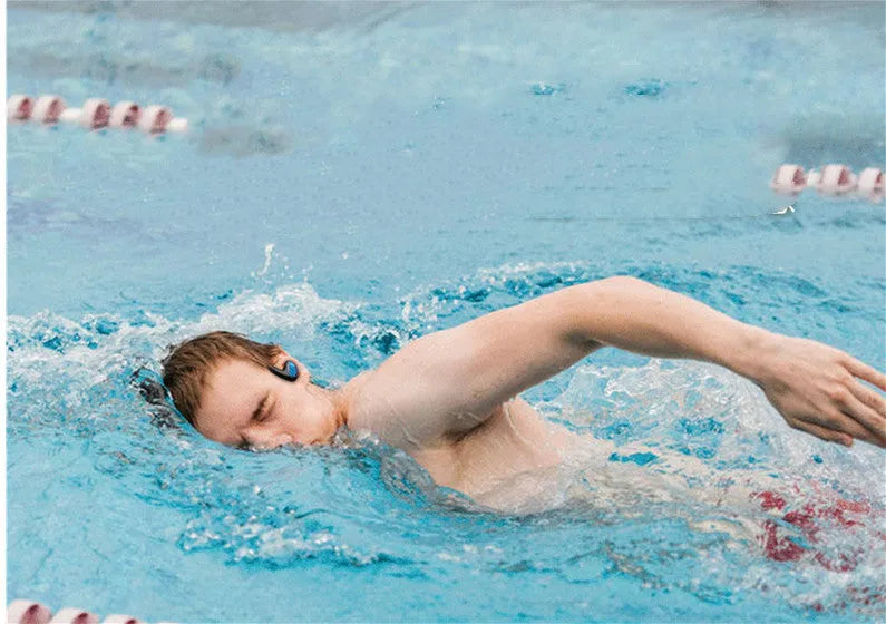 Black and red waterproof Bluetooth swimming headset with head-mounted design for sports use