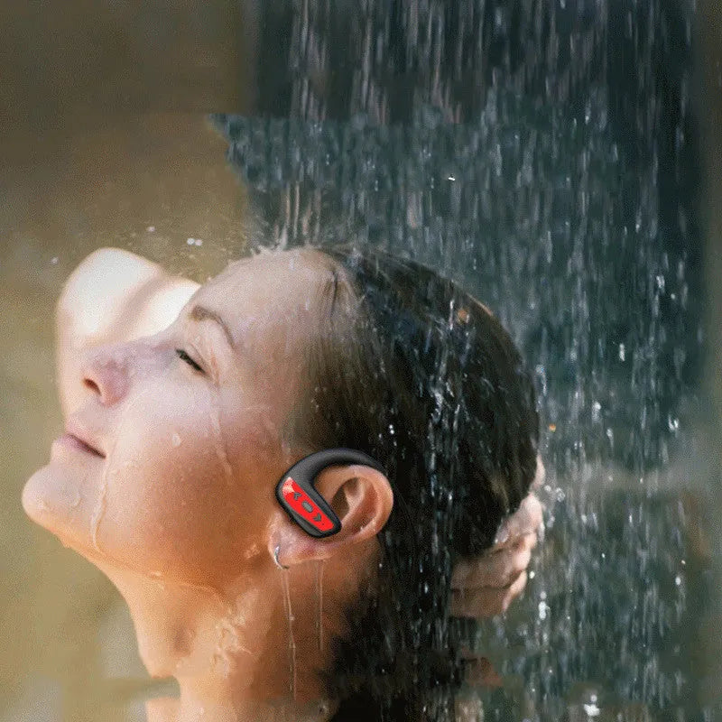 Black and red waterproof Bluetooth swimming headset with head-mounted design for sports use