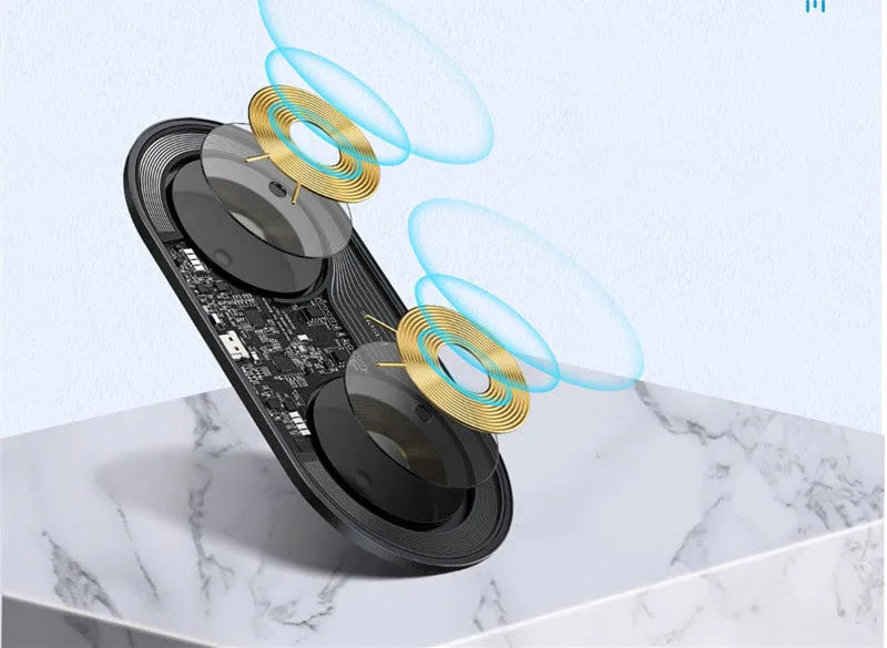 Baseus minimalist black and white wireless charger power bank for iPhone and AirPods.
