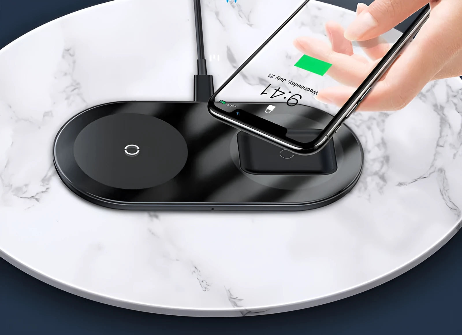 Baseus minimalist black and white wireless charger power bank for iPhone and AirPods.