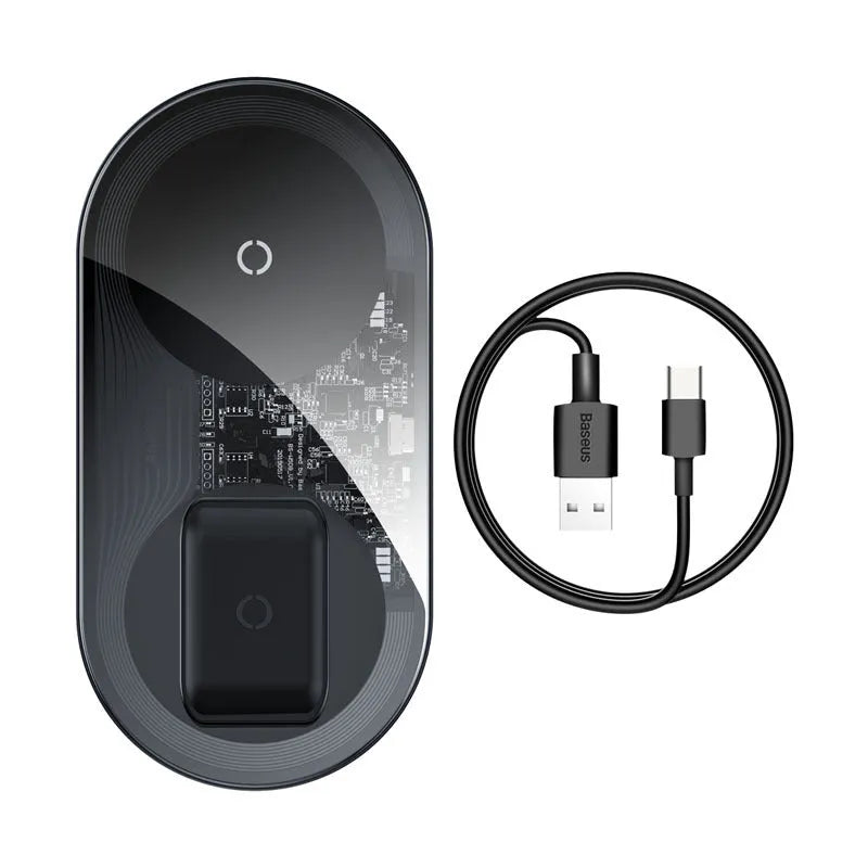 Baseus minimalist black and white wireless charger power bank for iPhone and AirPods.
