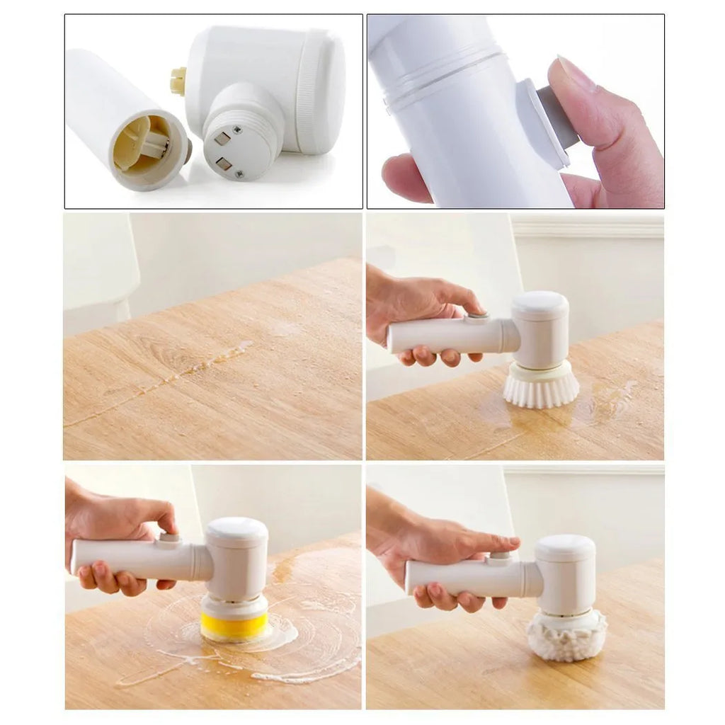 White handheld electric cleaning brush with three interchangeable nylon brush heads on a table.