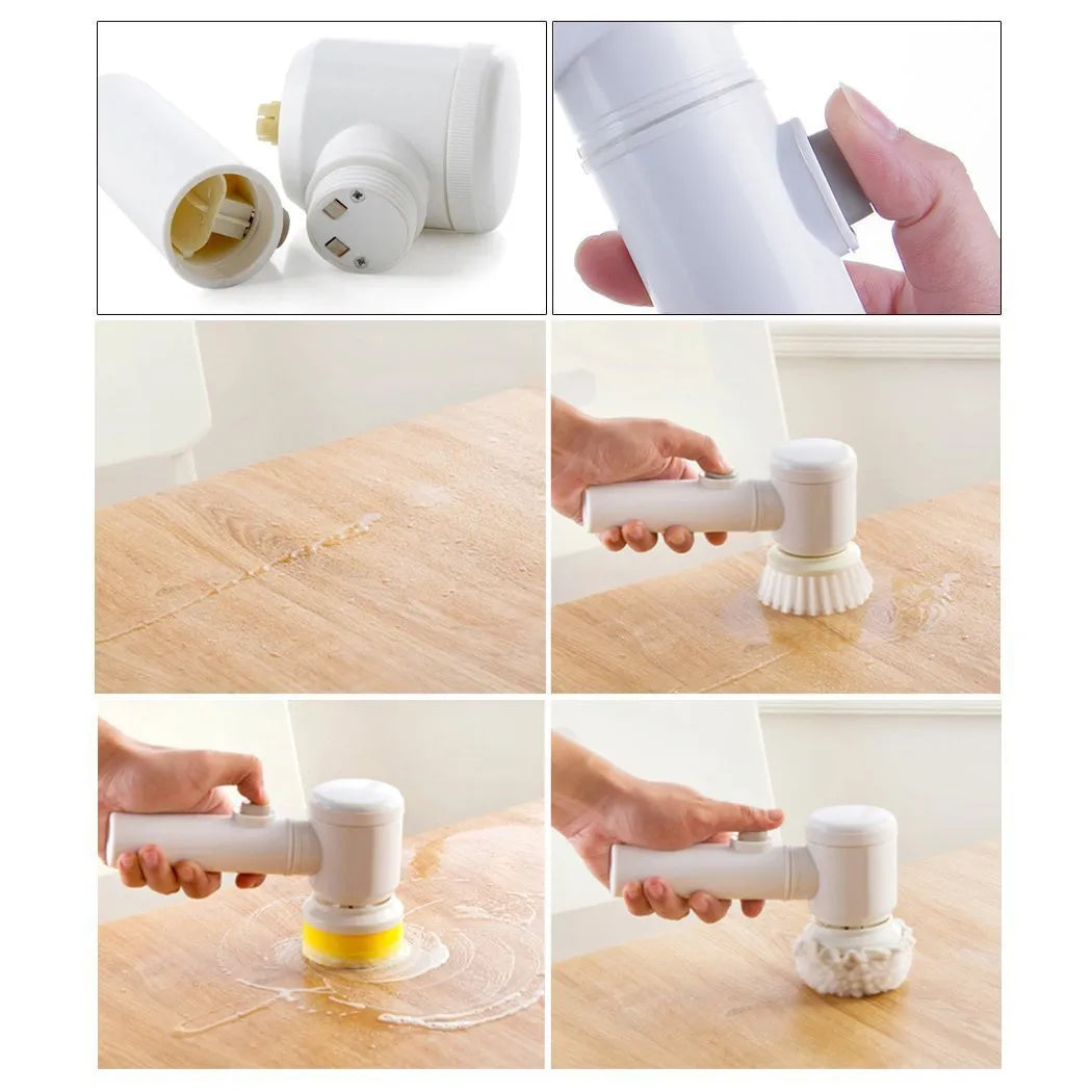 White handheld electric cleaning brush with three interchangeable nylon brush heads on a table.