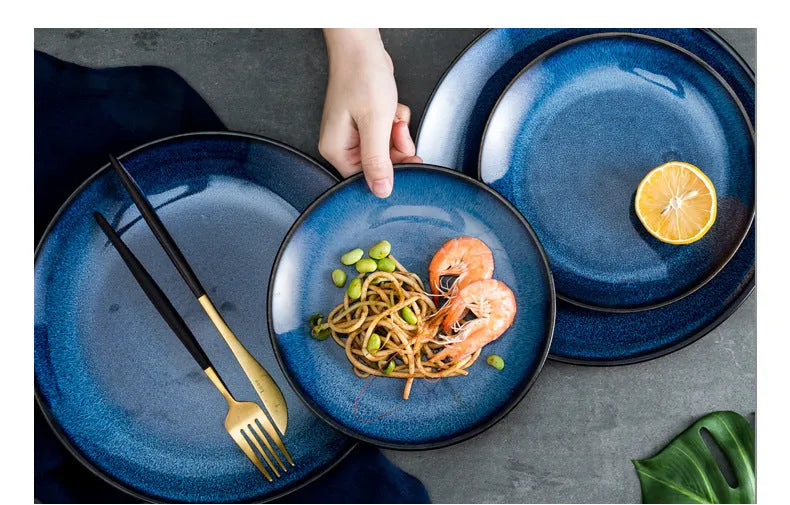 Blue Kiln Variation European-style porcelain shallow plate, 10 inch (25.2 cm) on table