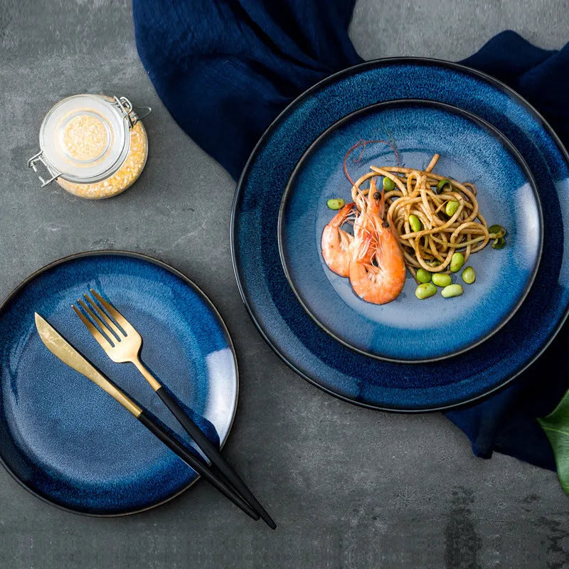 Blue Kiln Variation European-style porcelain shallow plate, 10 inch (25.2 cm) on table